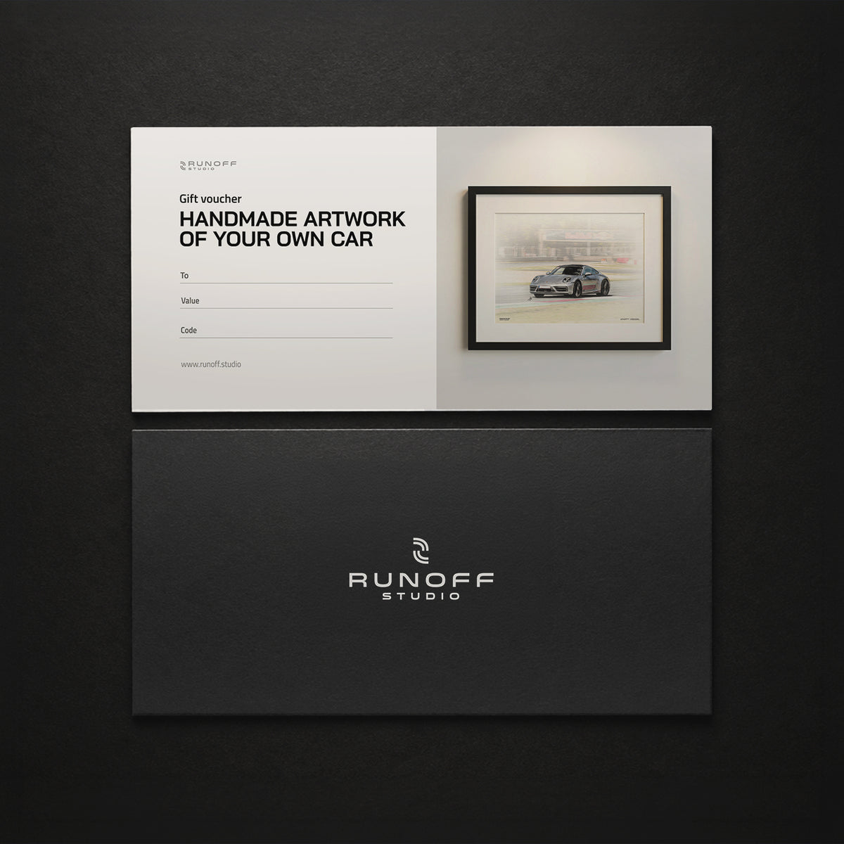 Runoff Studio gift voucher with envelope: handmade artwork of your own car