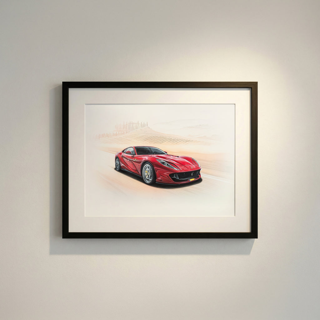 Signature artwork: red Ferrari on a road through Tuscany, framed in black