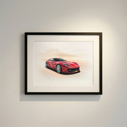 Signature artwork: red Ferrari on a road through Tuscany, framed in black